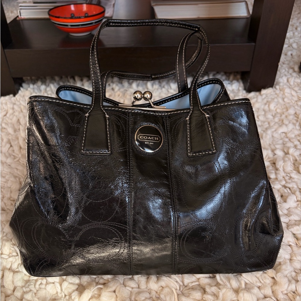 Vintage Coach Patent Leather Signature Kisslock Tote Bag